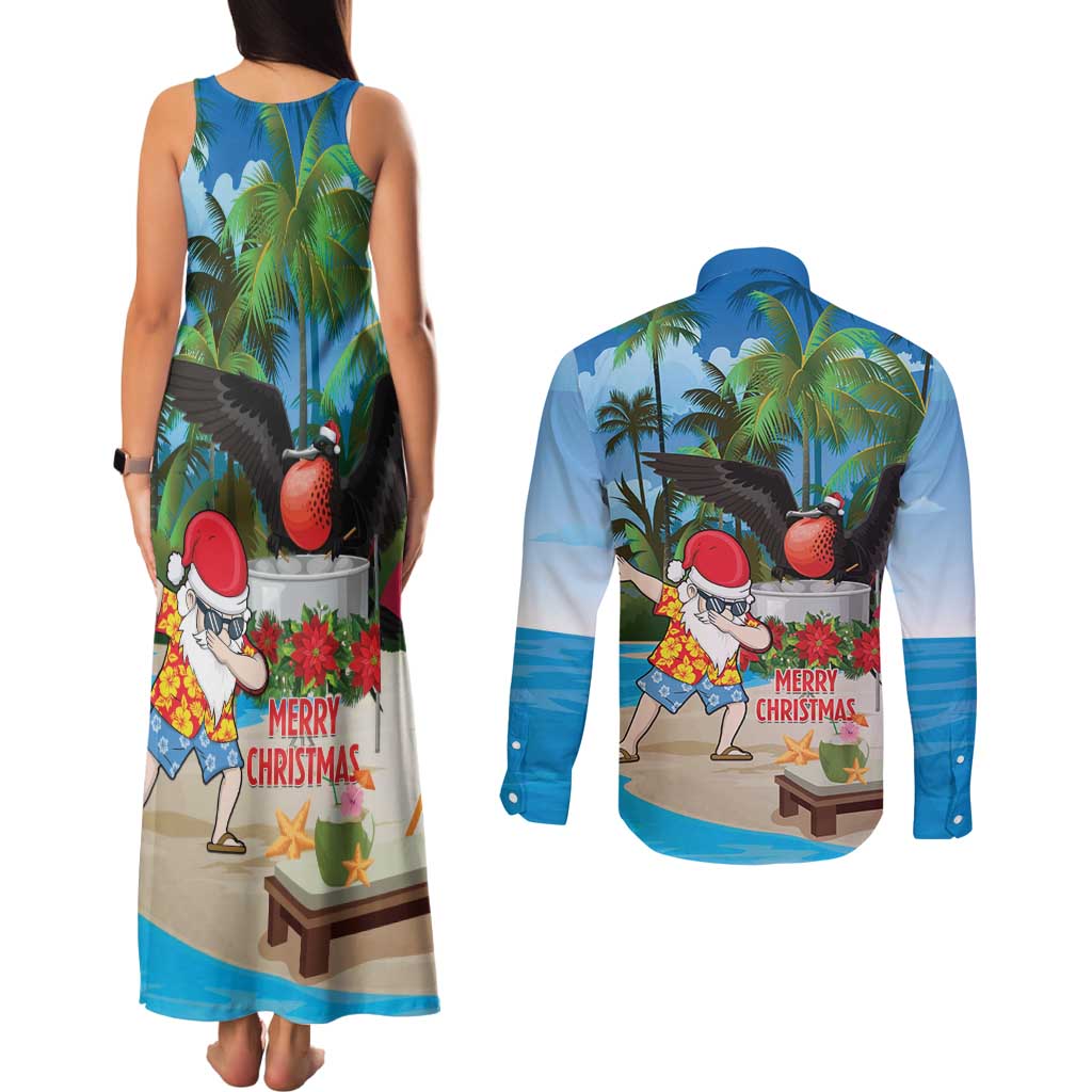 Antigua And Barbuda Christmas Couples Matching Tank Maxi Dress and Long Sleeve Button Shirt Magnificent Frigatebird Dabbing Santa - Wonder Print Shop