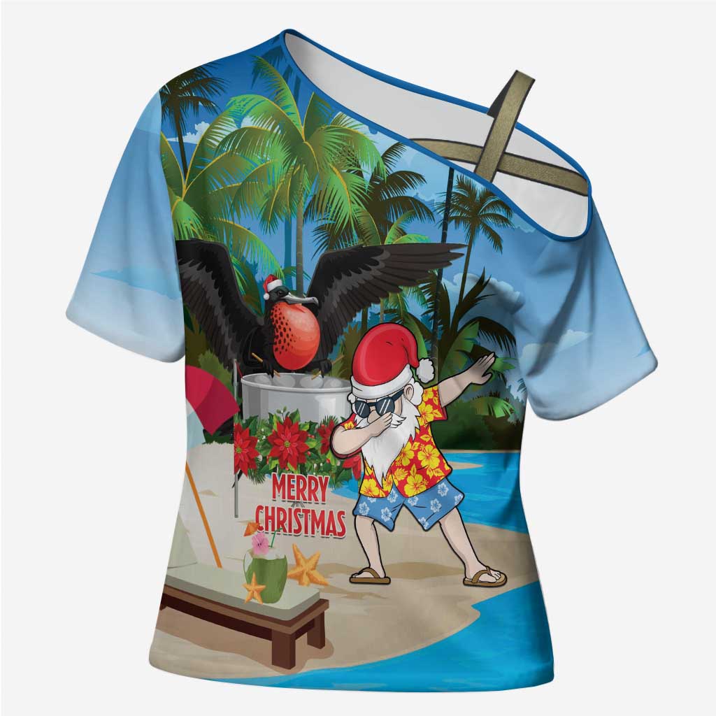 Antigua And Barbuda Christmas Cross Shoulder Shirt Magnificent Frigatebird Dabbing Santa - Wonder Print Shop