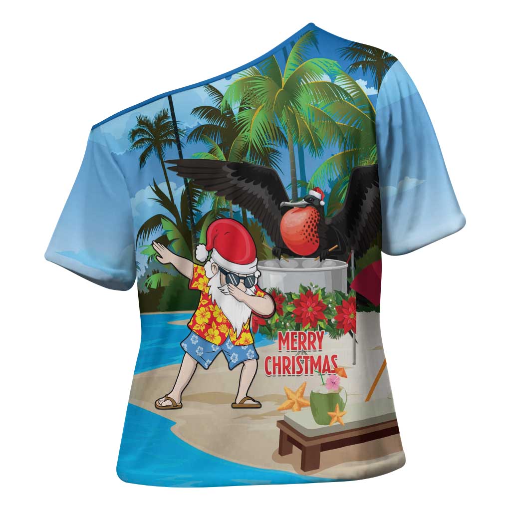 Antigua And Barbuda Christmas Cross Shoulder Shirt Magnificent Frigatebird Dabbing Santa - Wonder Print Shop