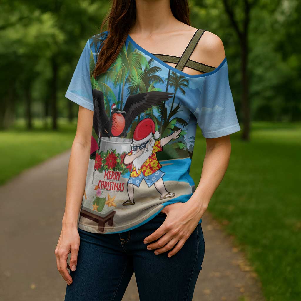 Antigua And Barbuda Christmas Cross Shoulder Shirt Magnificent Frigatebird Dabbing Santa - Wonder Print Shop