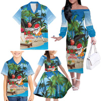 Antigua And Barbuda Christmas Family Matching Off The Shoulder Long Sleeve Dress and Hawaiian Shirt Magnificent Frigatebird Dabbing Santa - Wonder Print Shop