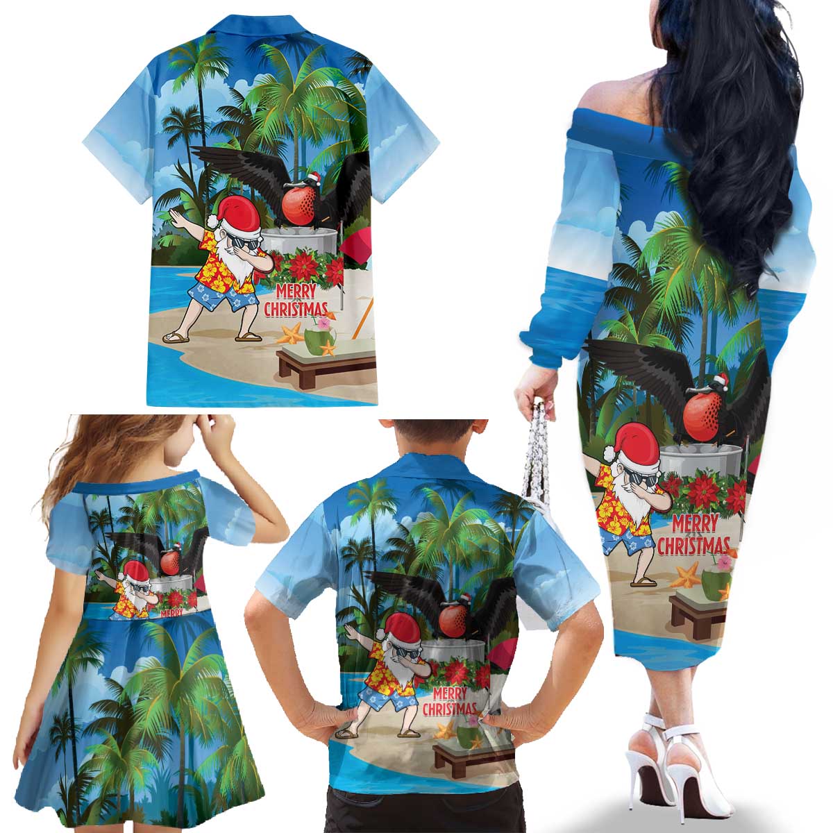 Antigua And Barbuda Christmas Family Matching Off The Shoulder Long Sleeve Dress and Hawaiian Shirt Magnificent Frigatebird Dabbing Santa - Wonder Print Shop