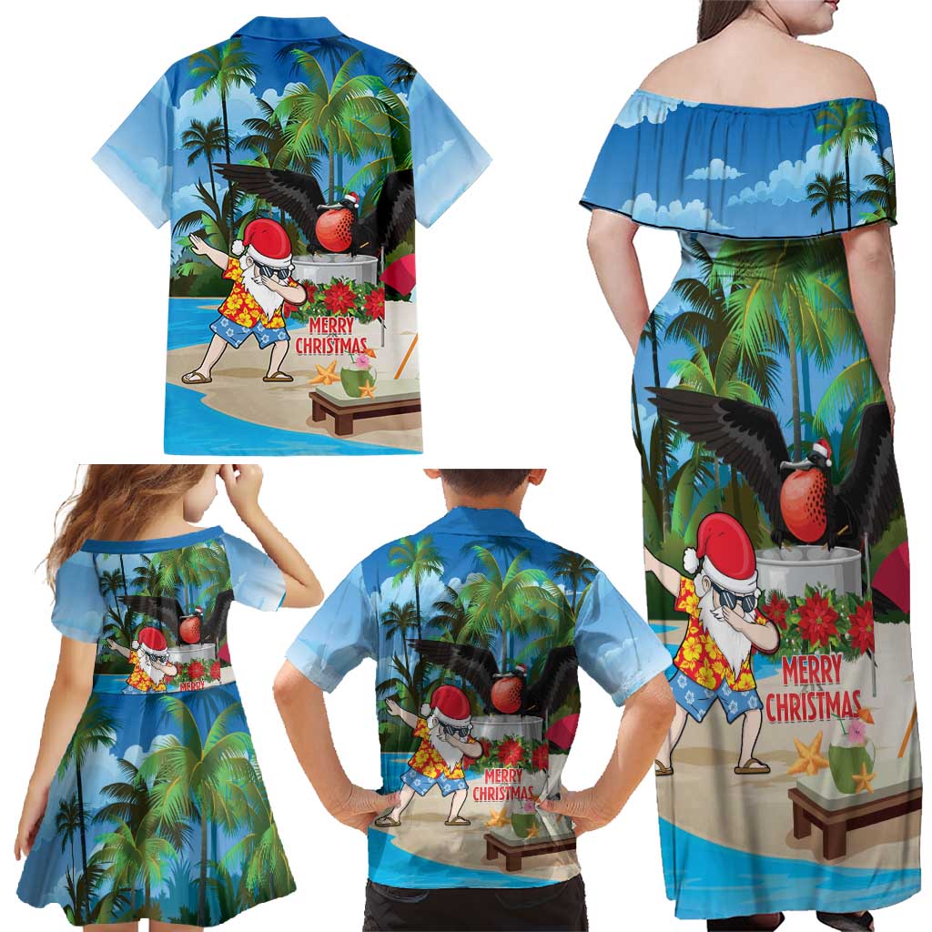 Antigua And Barbuda Christmas Family Matching Off Shoulder Maxi Dress and Hawaiian Shirt Magnificent Frigatebird Dabbing Santa - Wonder Print Shop