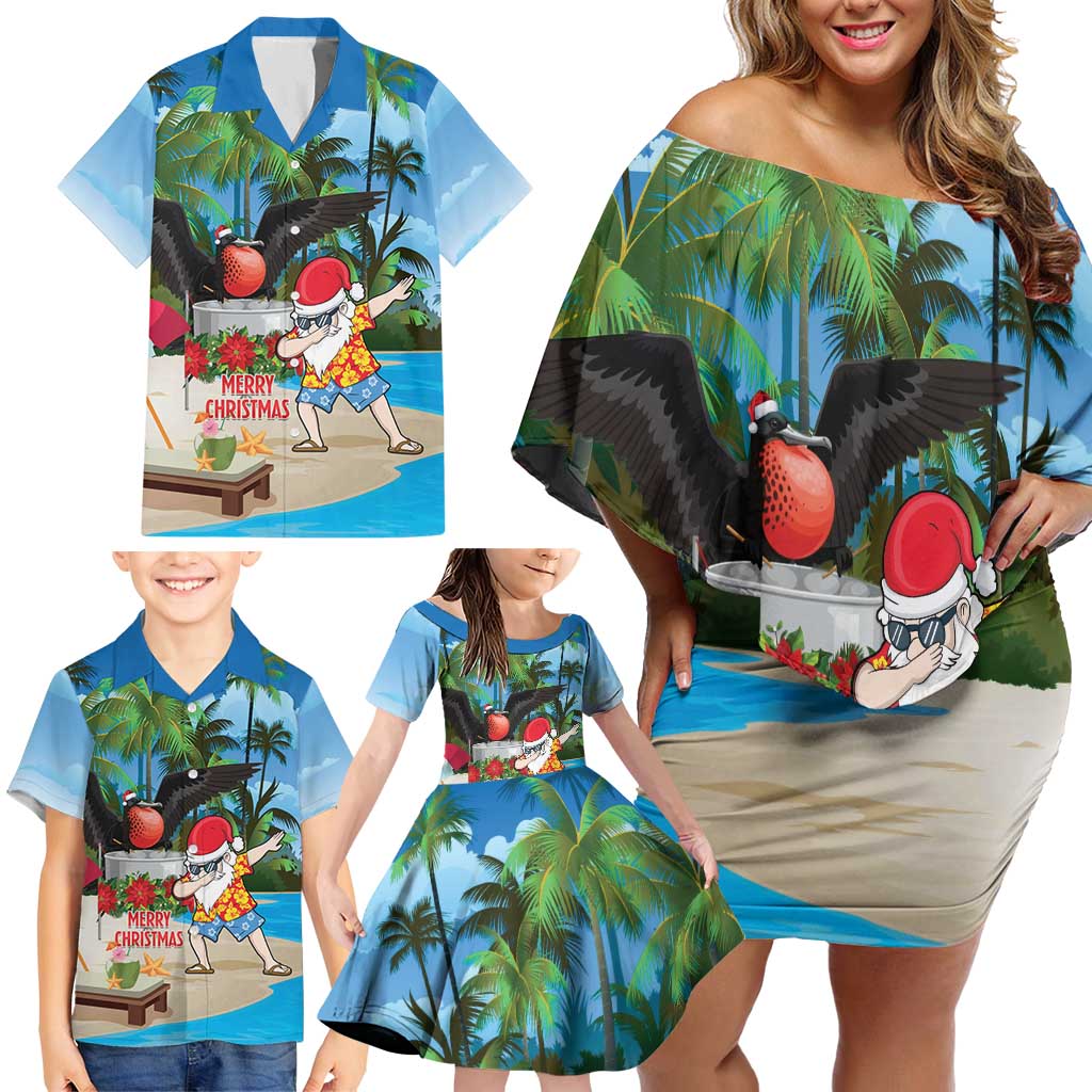 Antigua And Barbuda Christmas Family Matching Off Shoulder Short Dress and Hawaiian Shirt Magnificent Frigatebird Dabbing Santa - Wonder Print Shop