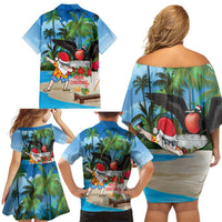 Antigua And Barbuda Christmas Family Matching Off Shoulder Short Dress and Hawaiian Shirt Magnificent Frigatebird Dabbing Santa - Wonder Print Shop