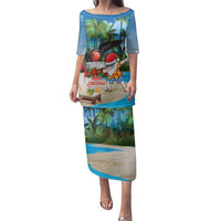 Antigua And Barbuda Christmas Family Matching Puletasi and Hawaiian Shirt Magnificent Frigatebird Dabbing Santa - Wonder Print Shop