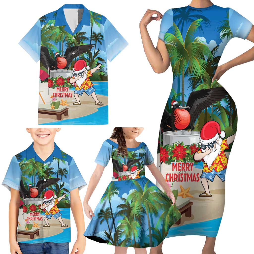 Antigua And Barbuda Christmas Family Matching Short Sleeve Bodycon Dress and Hawaiian Shirt Magnificent Frigatebird Dabbing Santa - Wonder Print Shop