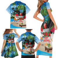 Antigua And Barbuda Christmas Family Matching Short Sleeve Bodycon Dress and Hawaiian Shirt Magnificent Frigatebird Dabbing Santa - Wonder Print Shop