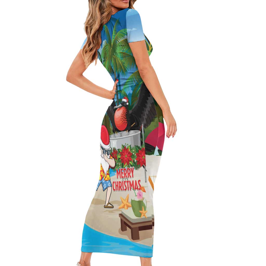 Antigua And Barbuda Christmas Family Matching Short Sleeve Bodycon Dress and Hawaiian Shirt Magnificent Frigatebird Dabbing Santa - Wonder Print Shop