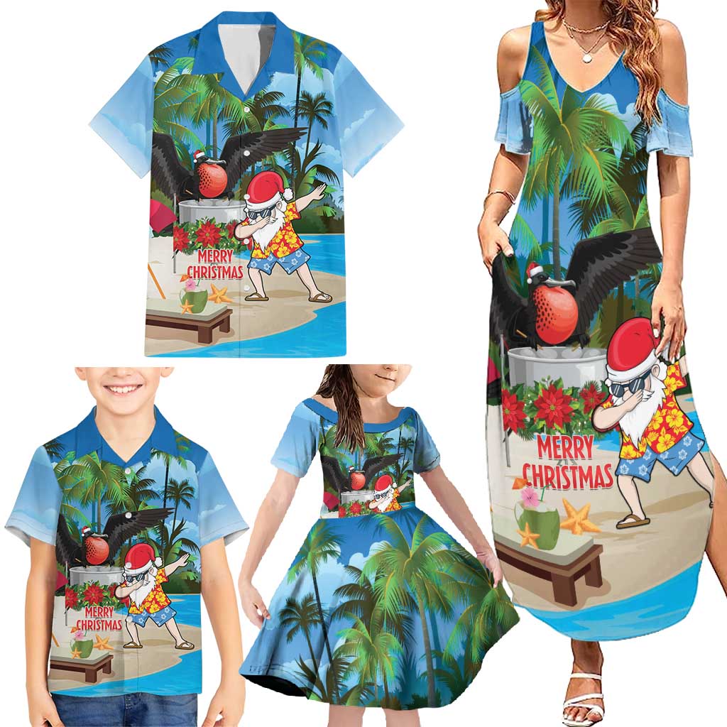 Antigua And Barbuda Christmas Family Matching Summer Maxi Dress and Hawaiian Shirt Magnificent Frigatebird Dabbing Santa - Wonder Print Shop