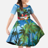 Antigua And Barbuda Christmas Kid Short Sleeve Dress Magnificent Frigatebird Dabbing Santa - Wonder Print Shop