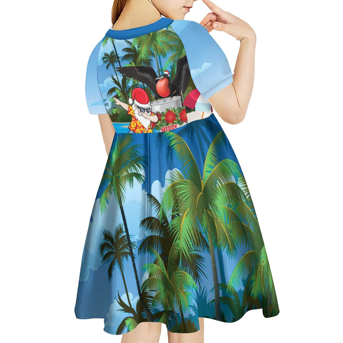 Antigua And Barbuda Christmas Kid Short Sleeve Dress Magnificent Frigatebird Dabbing Santa - Wonder Print Shop