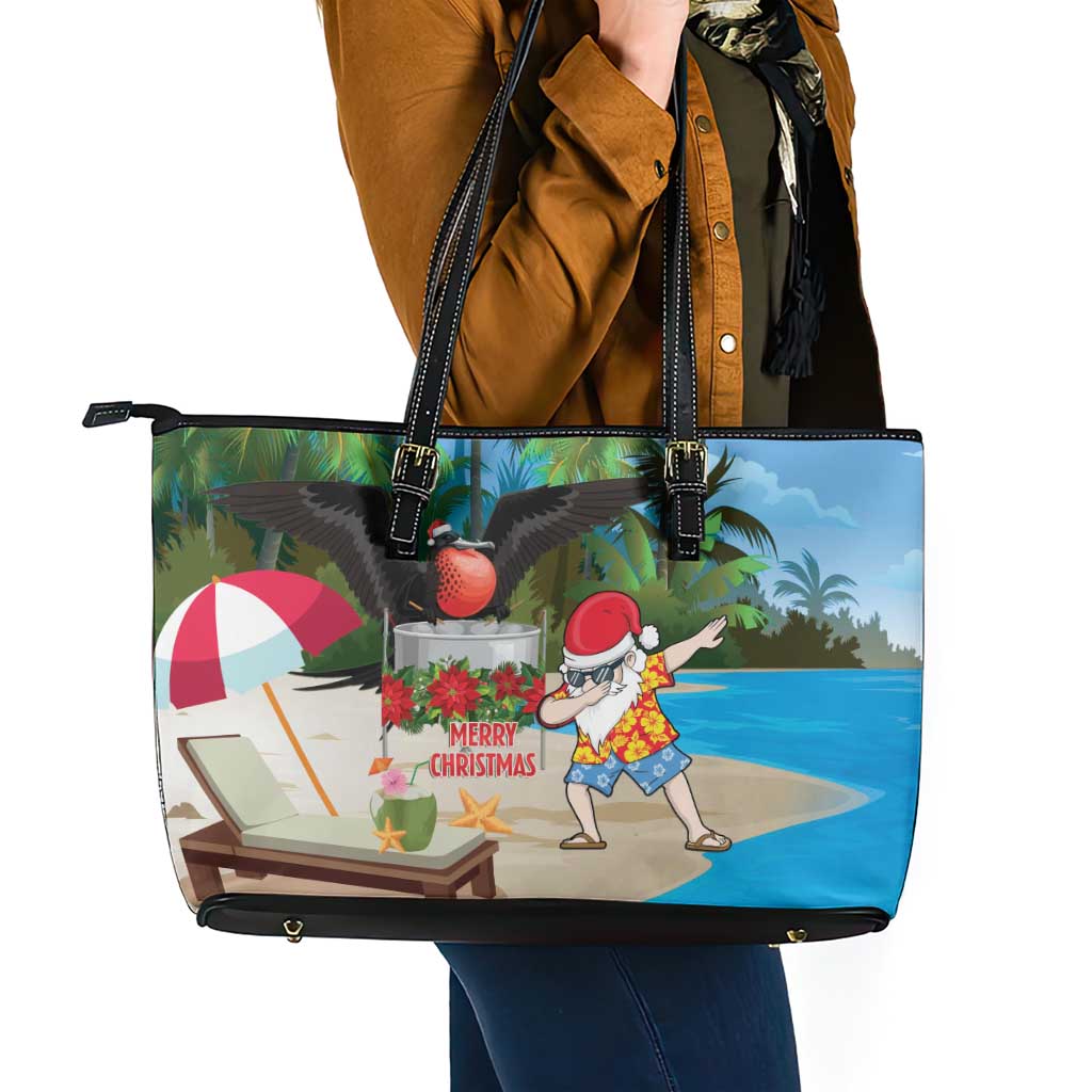 Antigua And Barbuda Christmas Leather Tote Bag Magnificent Frigatebird Dabbing Santa - Wonder Print Shop