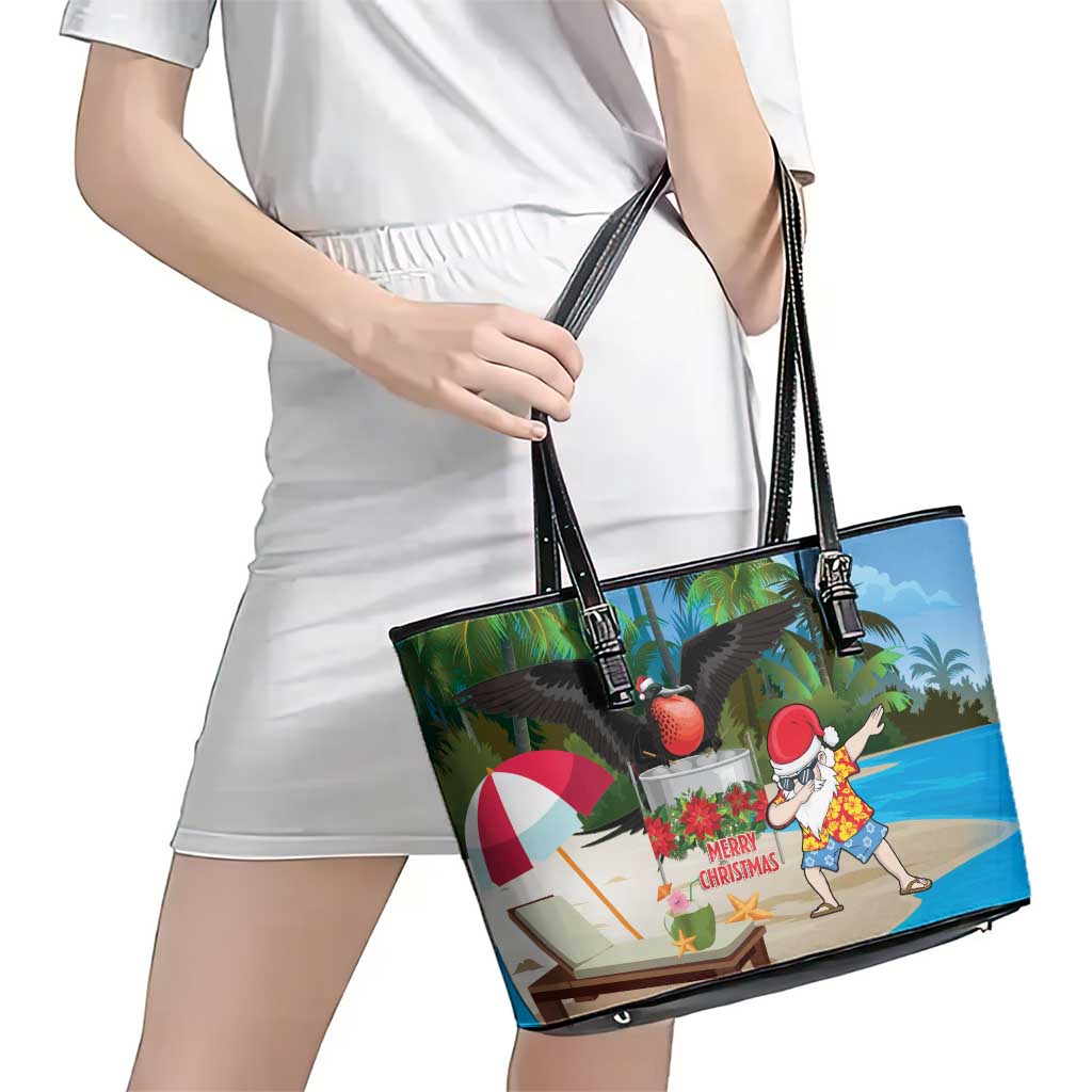 Antigua And Barbuda Christmas Leather Tote Bag Magnificent Frigatebird Dabbing Santa - Wonder Print Shop