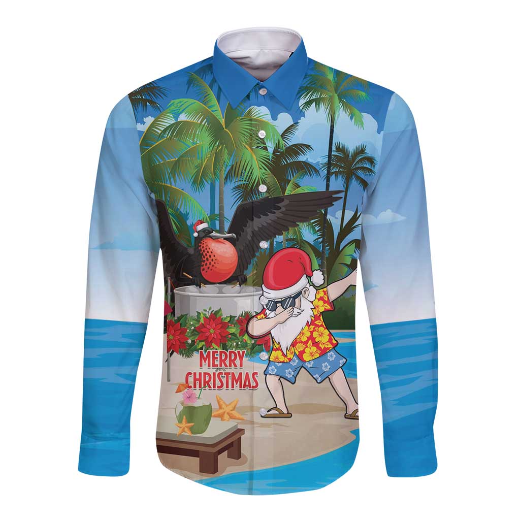 Antigua And Barbuda Christmas Long Sleeve Button Shirt Magnificent Frigatebird Dabbing Santa - Wonder Print Shop