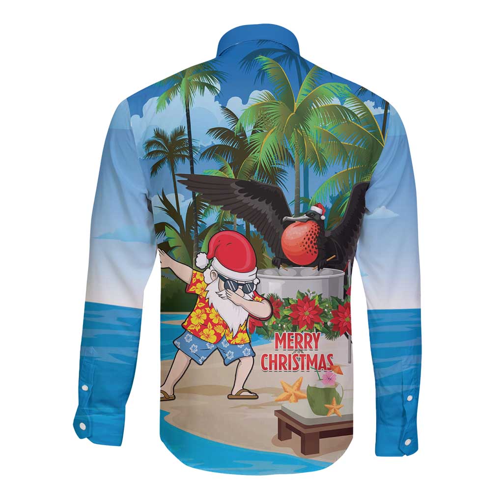 Antigua And Barbuda Christmas Long Sleeve Button Shirt Magnificent Frigatebird Dabbing Santa - Wonder Print Shop