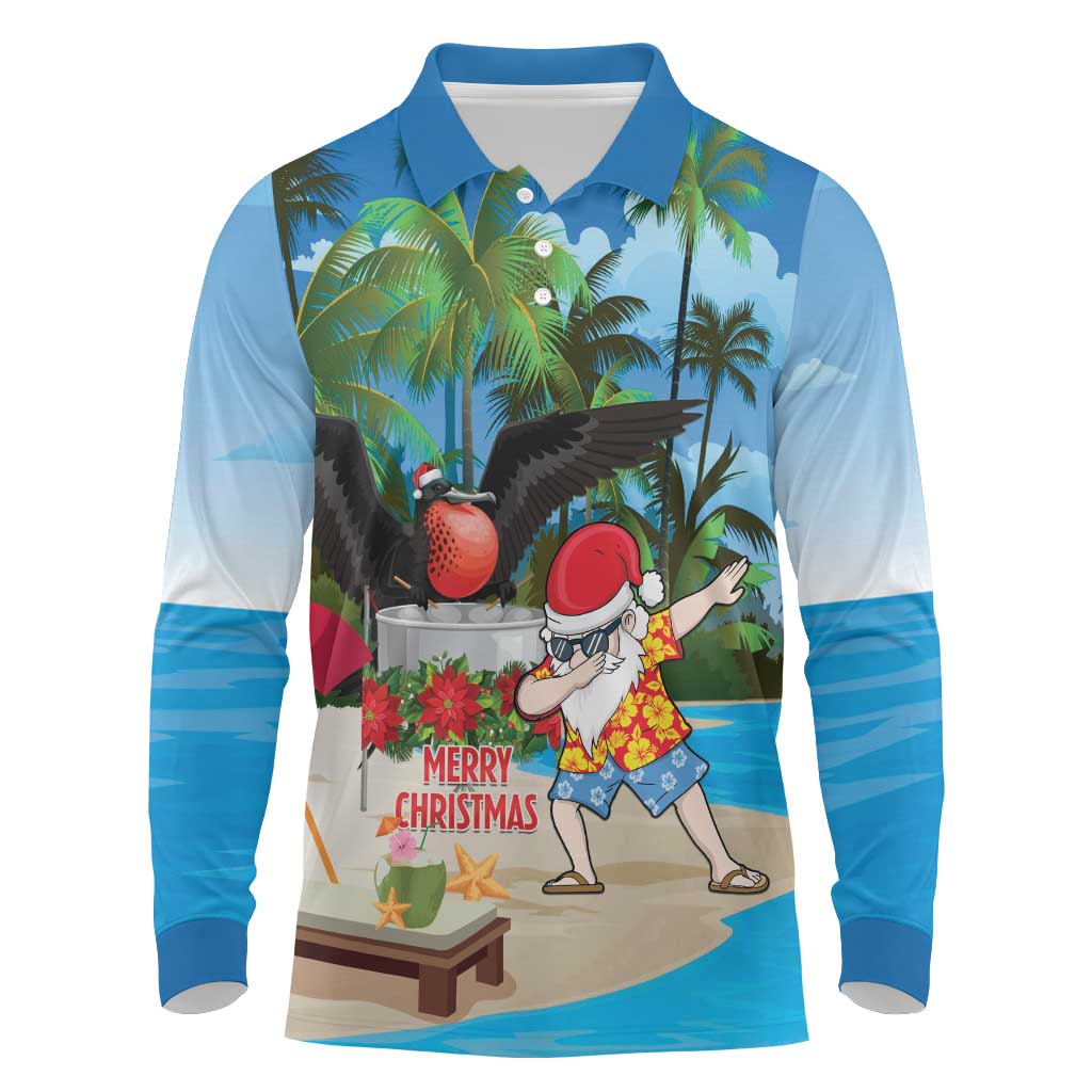 Antigua And Barbuda Christmas Long Sleeve Polo Shirt Magnificent Frigatebird Dabbing Santa - Wonder Print Shop