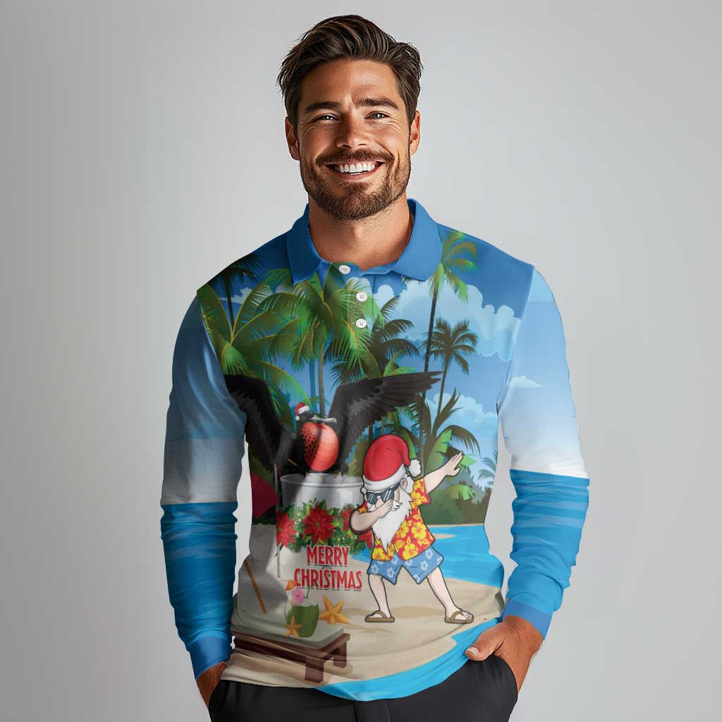 Antigua And Barbuda Christmas Long Sleeve Polo Shirt Magnificent Frigatebird Dabbing Santa - Wonder Print Shop