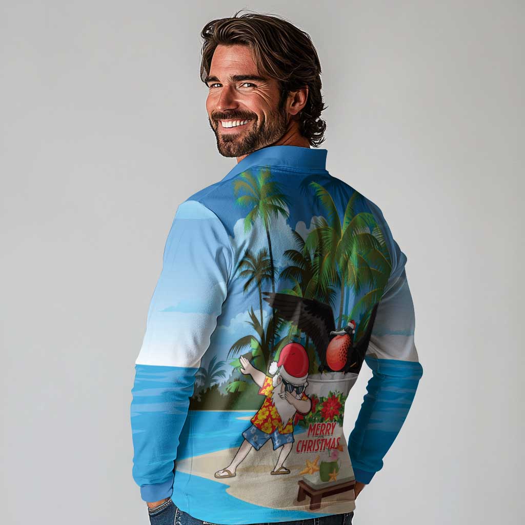 Antigua And Barbuda Christmas Long Sleeve Polo Shirt Magnificent Frigatebird Dabbing Santa - Wonder Print Shop