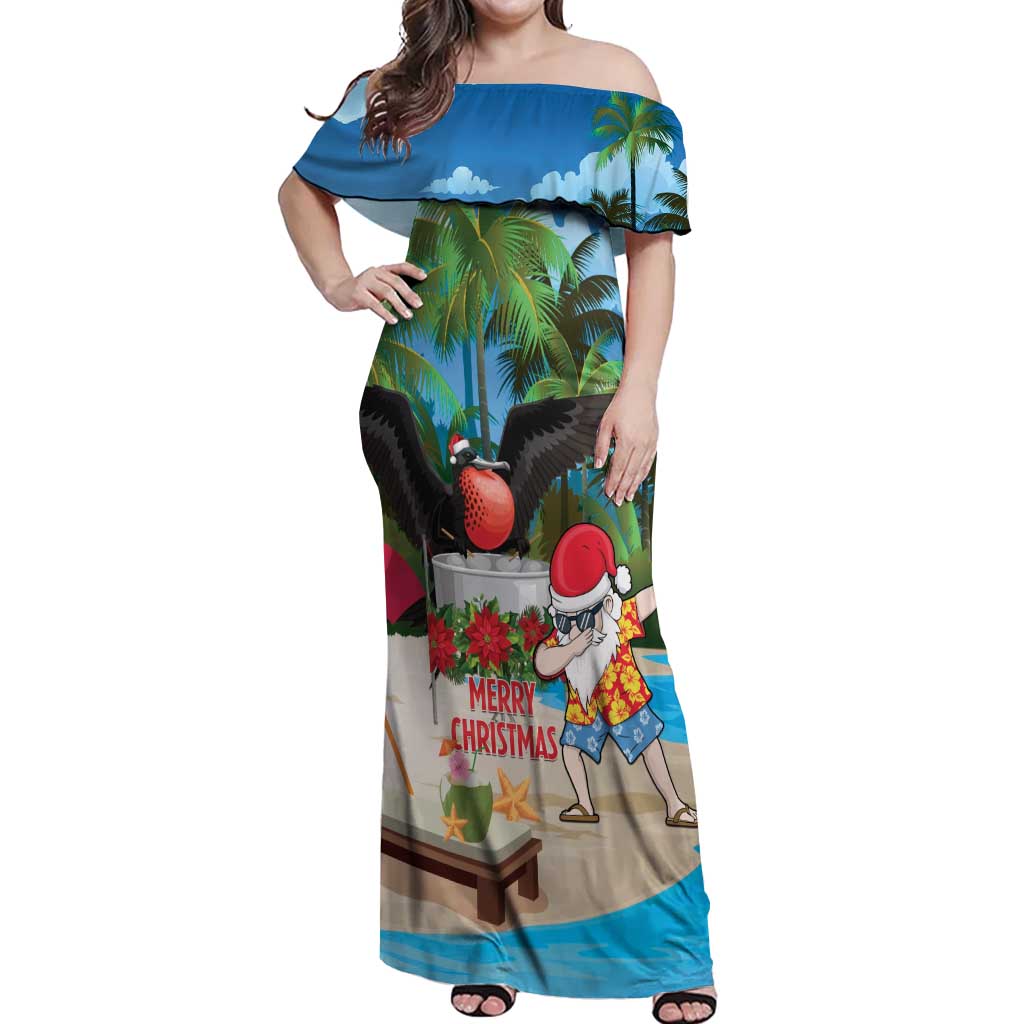 Antigua And Barbuda Christmas Off Shoulder Maxi Dress Magnificent Frigatebird Dabbing Santa - Wonder Print Shop
