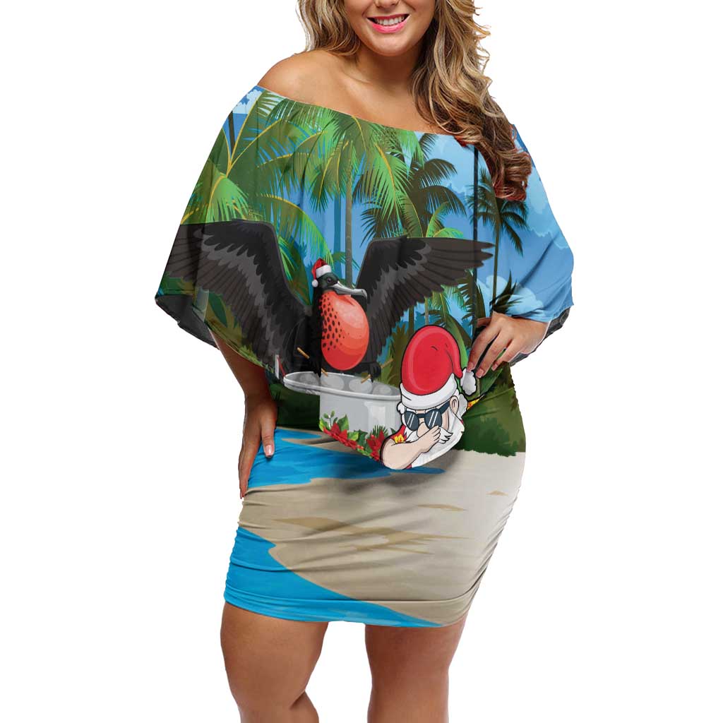 Antigua And Barbuda Christmas Off Shoulder Short Dress Magnificent Frigatebird Dabbing Santa - Wonder Print Shop