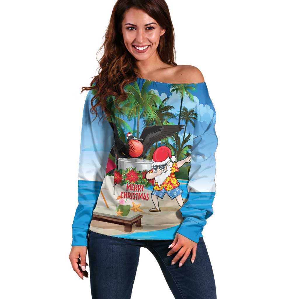 Antigua And Barbuda Christmas Off Shoulder Sweater Magnificent Frigatebird Dabbing Santa - Wonder Print Shop