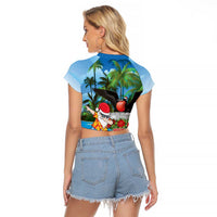 Antigua And Barbuda Christmas Raglan Cropped T Shirt Magnificent Frigatebird Dabbing Santa - Wonder Print Shop