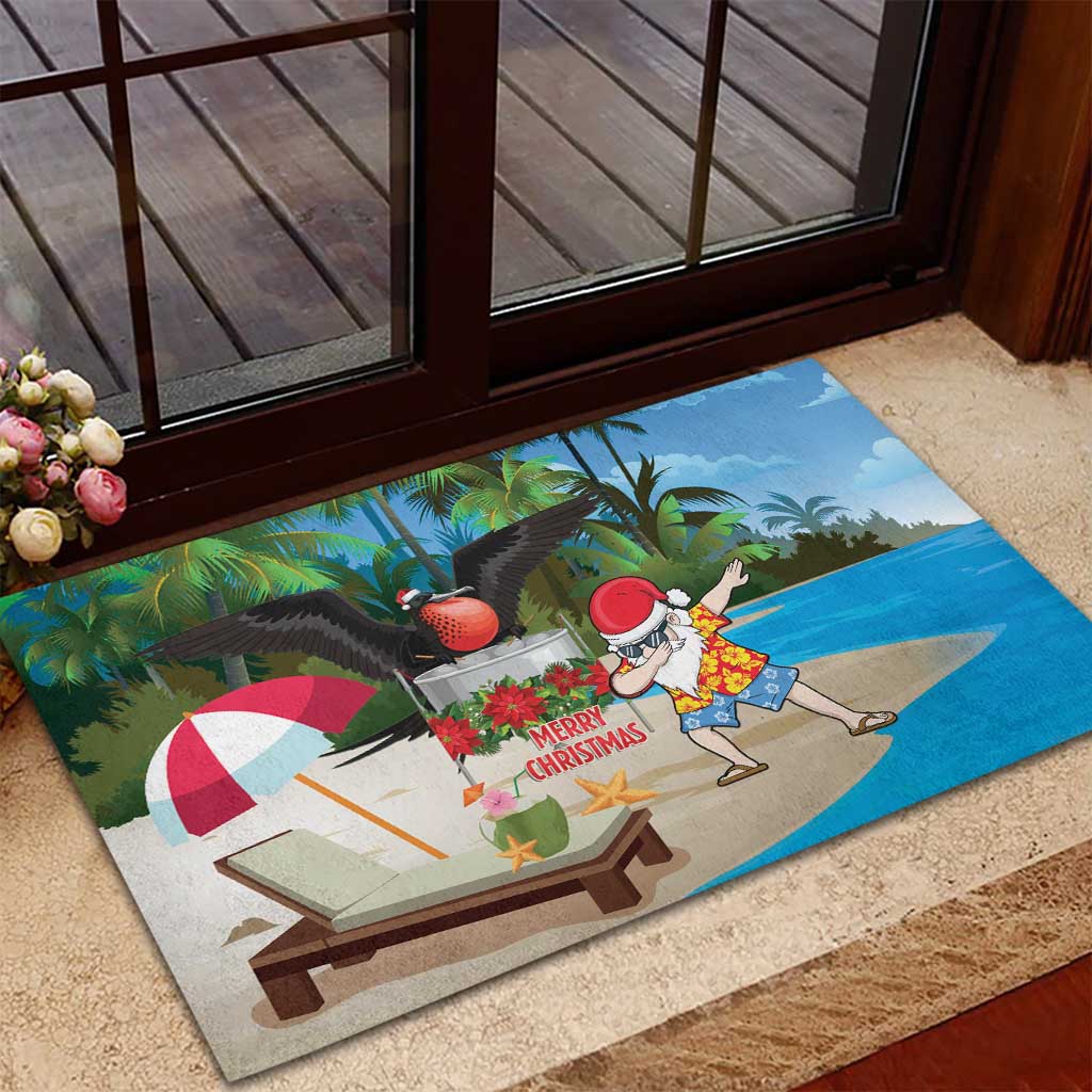 Antigua And Barbuda Christmas Rubber Doormat Magnificent Frigatebird Dabbing Santa - Wonder Print Shop