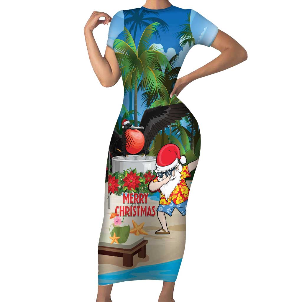 Antigua And Barbuda Christmas Short Sleeve Bodycon Dress Magnificent Frigatebird Dabbing Santa - Wonder Print Shop