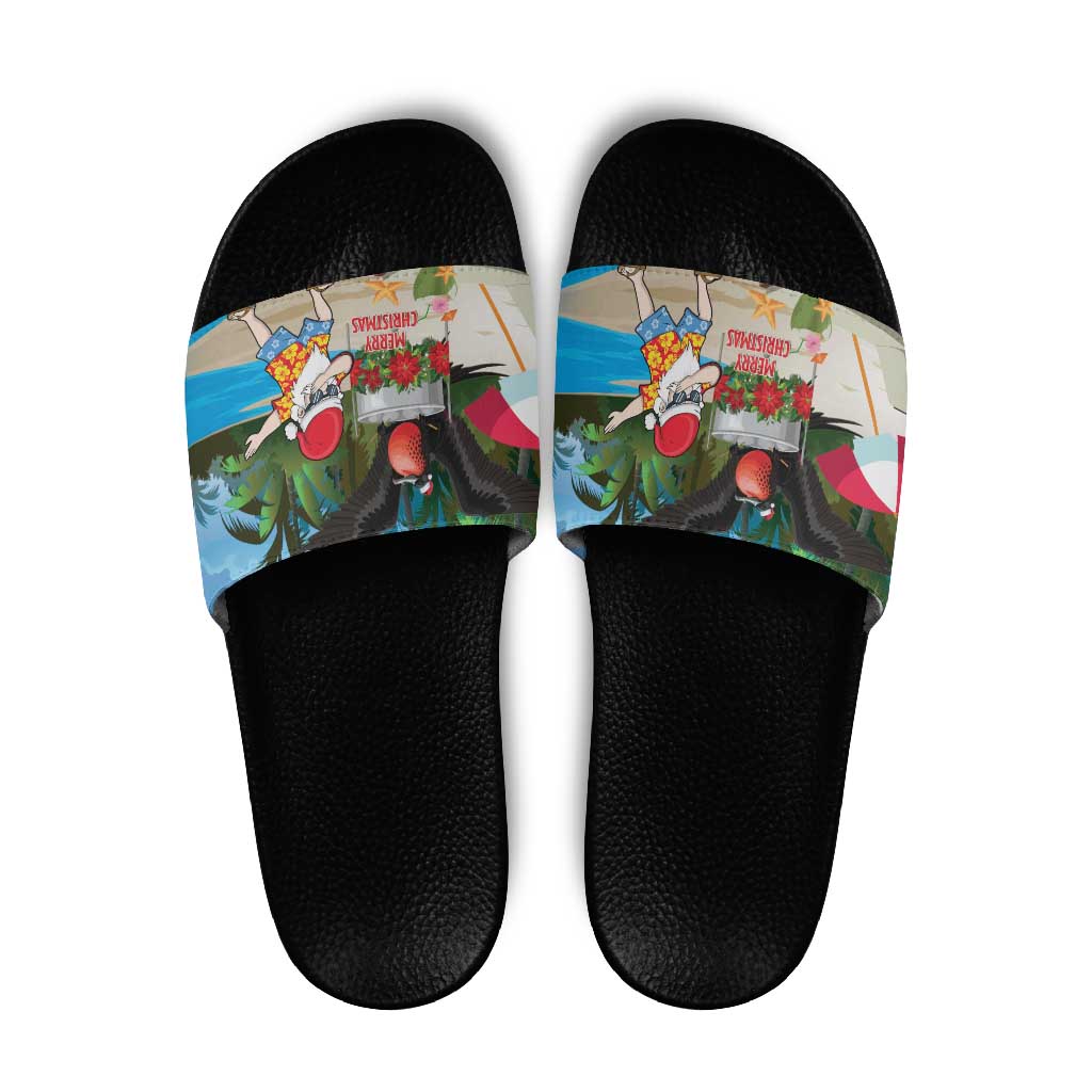 Antigua And Barbuda Christmas Slide Sandals Magnificent Frigatebird Dabbing Santa - Wonder Print Shop