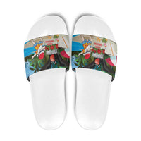 Antigua And Barbuda Christmas Slide Sandals Magnificent Frigatebird Dabbing Santa - Wonder Print Shop