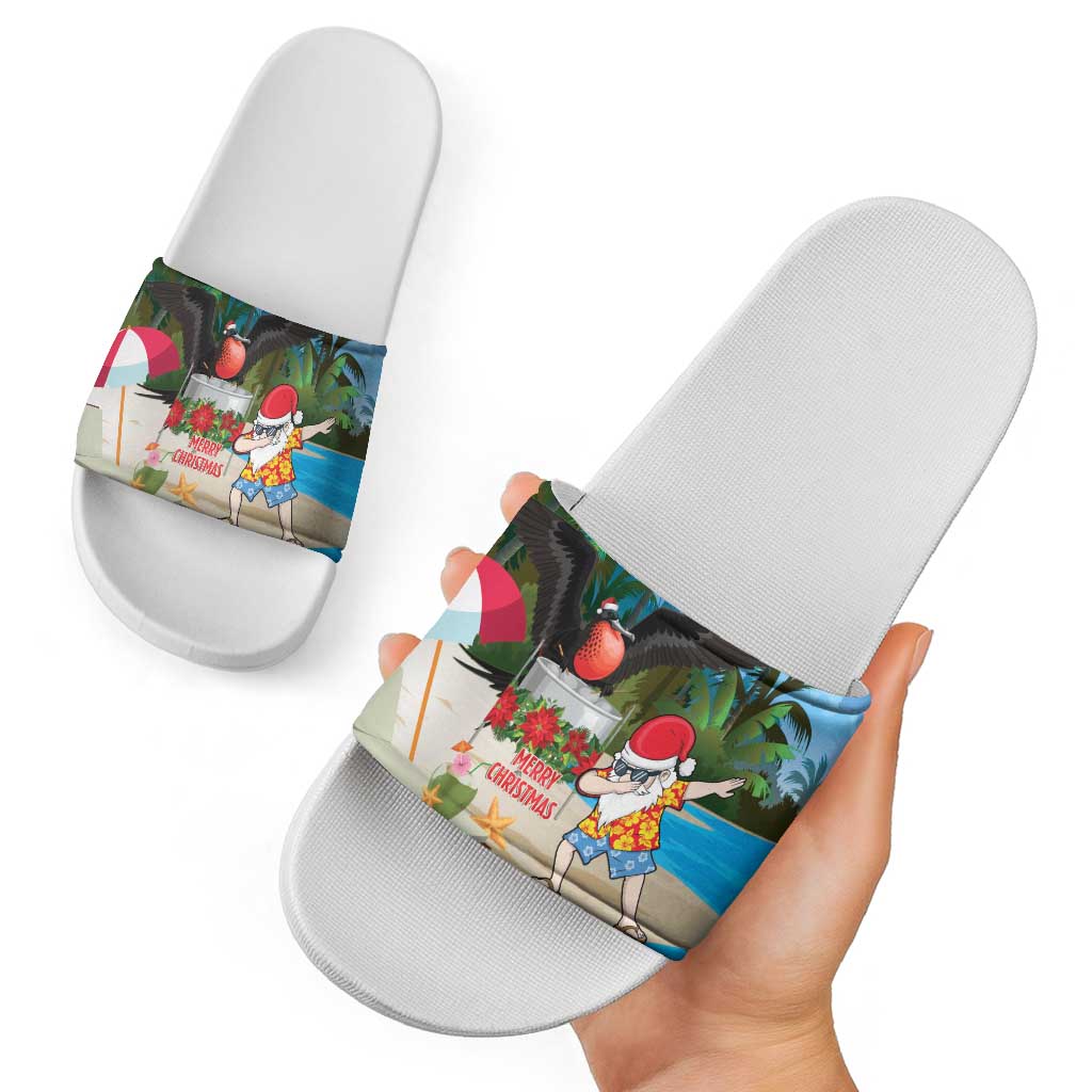 Antigua And Barbuda Christmas Slide Sandals Magnificent Frigatebird Dabbing Santa - Wonder Print Shop