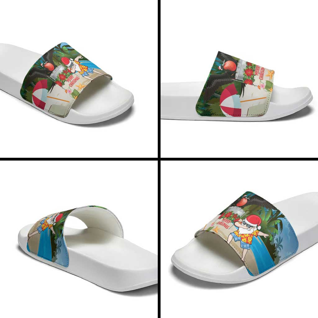Antigua And Barbuda Christmas Slide Sandals Magnificent Frigatebird Dabbing Santa - Wonder Print Shop