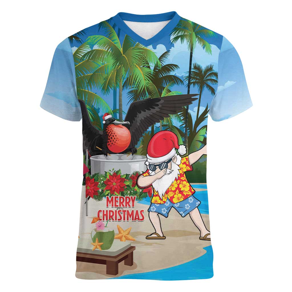 Antigua And Barbuda Christmas Women V-Neck T-Shirt Magnificent Frigatebird Dabbing Santa - Wonder Print Shop