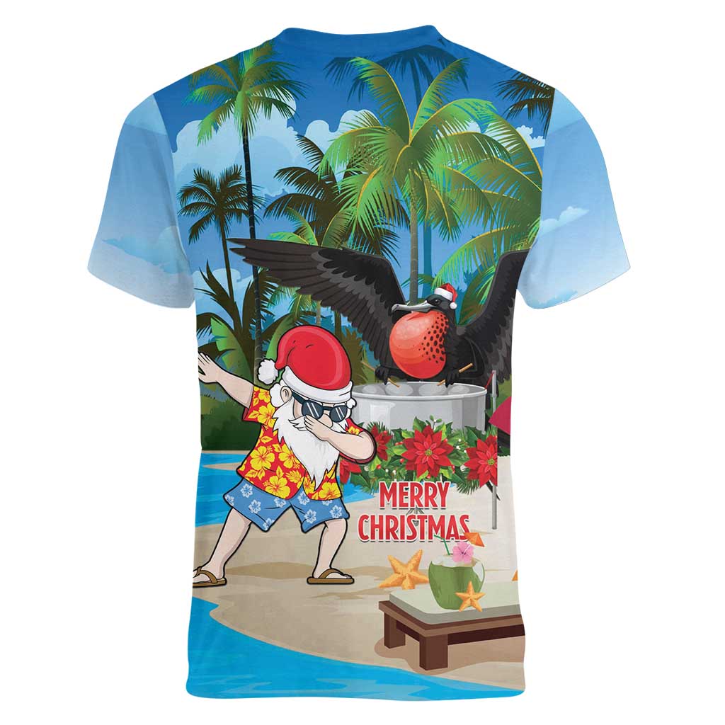 Antigua And Barbuda Christmas Women V-Neck T-Shirt Magnificent Frigatebird Dabbing Santa - Wonder Print Shop