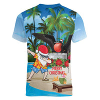 Antigua And Barbuda Christmas Women V-Neck T-Shirt Magnificent Frigatebird Dabbing Santa - Wonder Print Shop