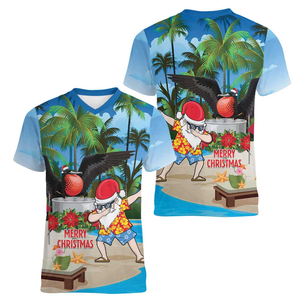 Antigua And Barbuda Christmas Women V-Neck T-Shirt Magnificent Frigatebird Dabbing Santa - Wonder Print Shop