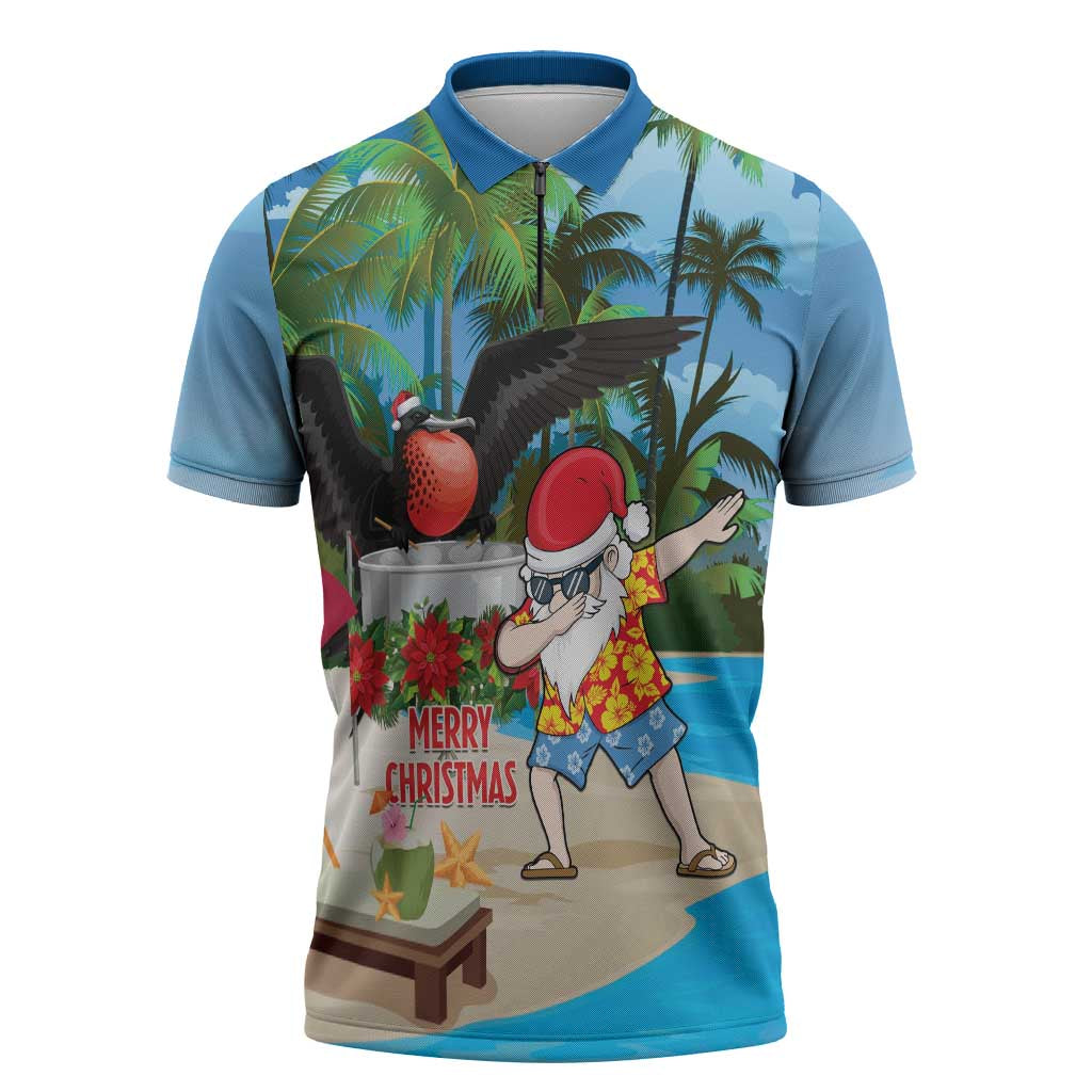 Antigua And Barbuda Christmas Zipper Polo Shirt Magnificent Frigatebird Dabbing Santa - Wonder Print Shop