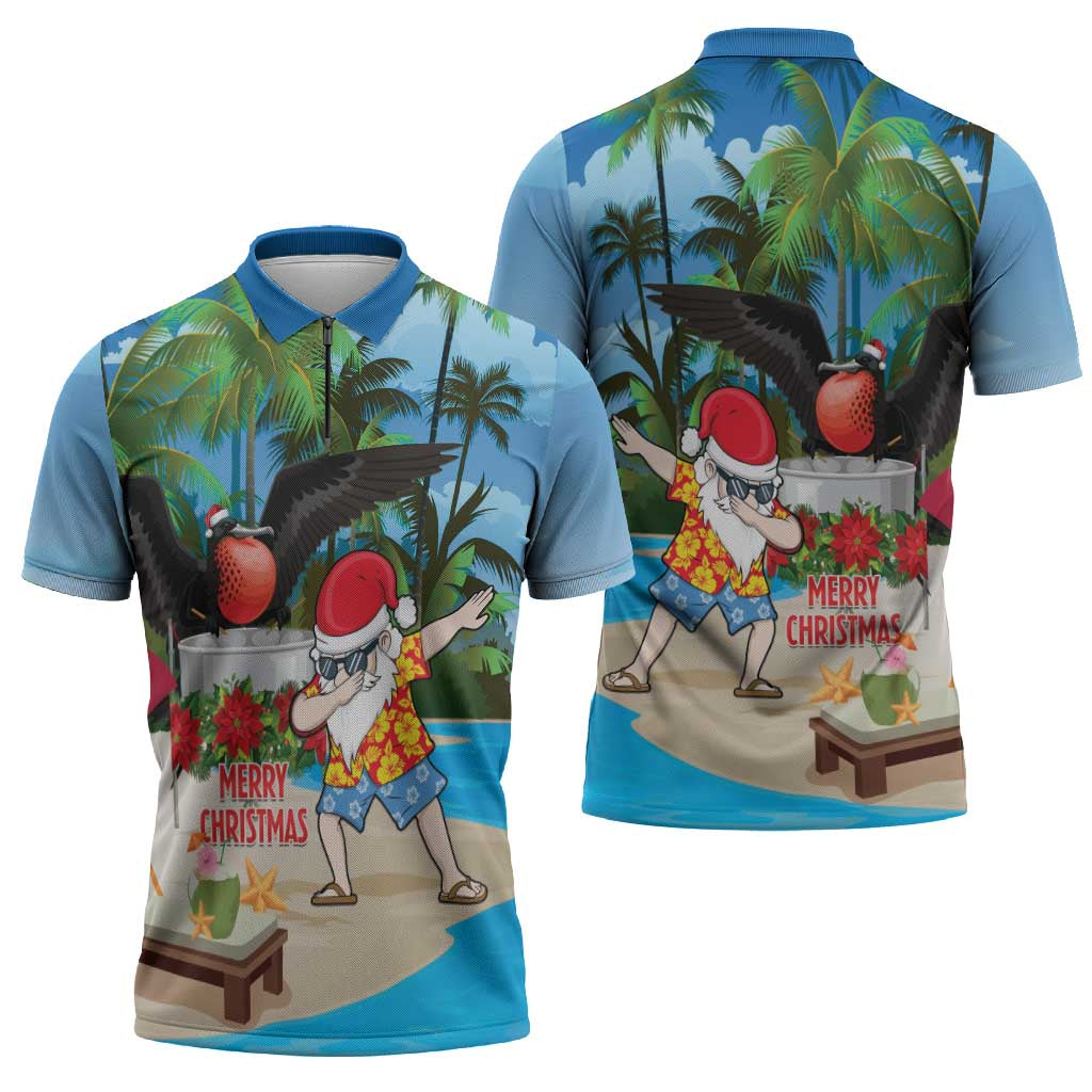 Antigua And Barbuda Christmas Zipper Polo Shirt Magnificent Frigatebird Dabbing Santa - Wonder Print Shop