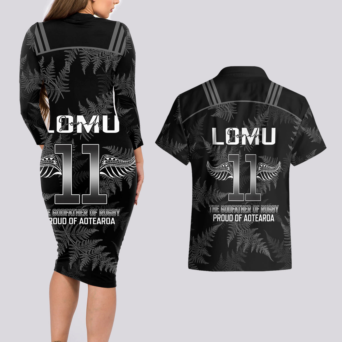 New Zealand Silver Fern Rugby Couples Matching Long Sleeve Bodycon Dress and Hawaiian Shirt Aotearoa Godfather Proud Gone But Never Forgotten - Wonder Print Shop