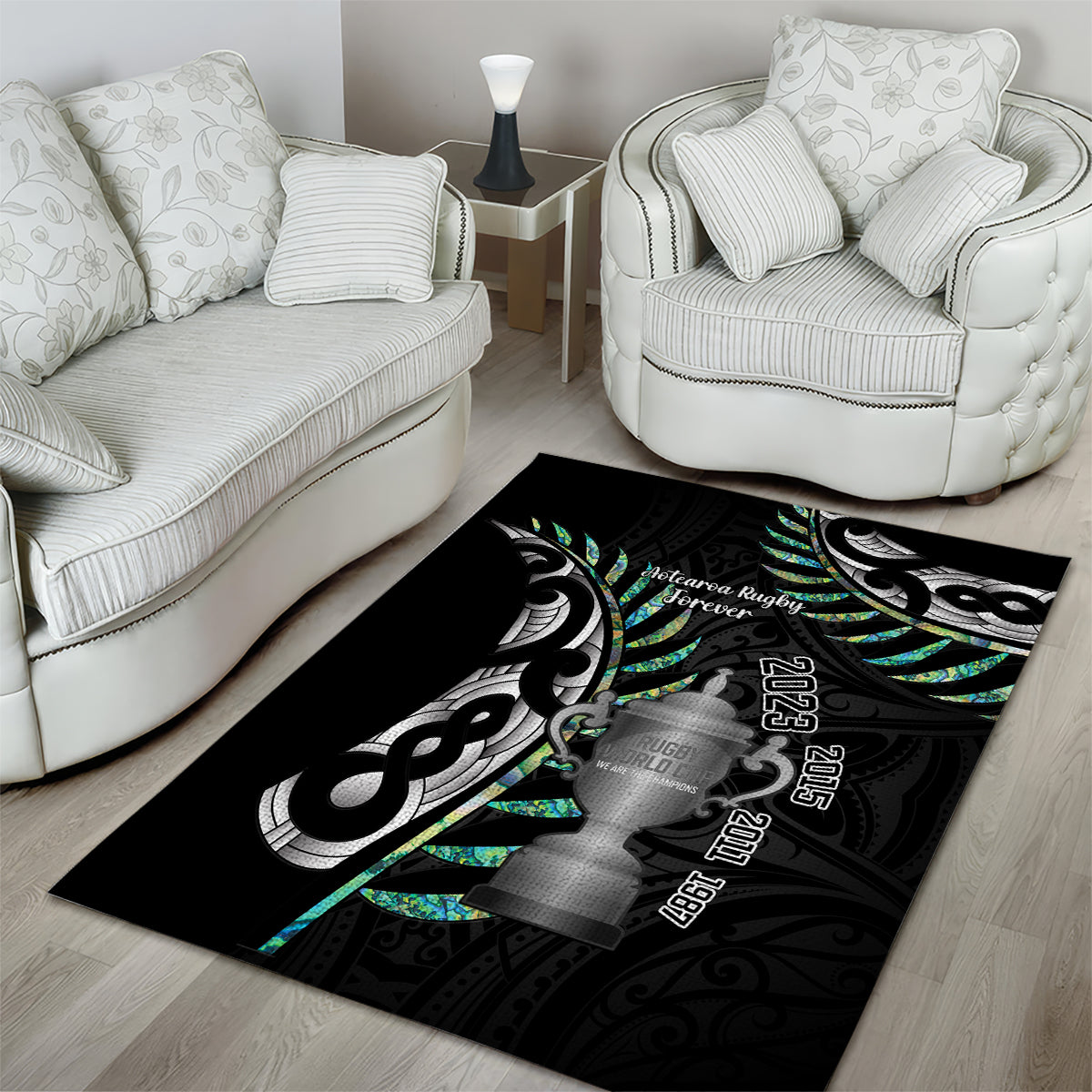 Personalised New Zealand Silver Fern Rugby Area Rug Paua Shell With Champions Trophy History NZ Forever - Wonder Print Shop