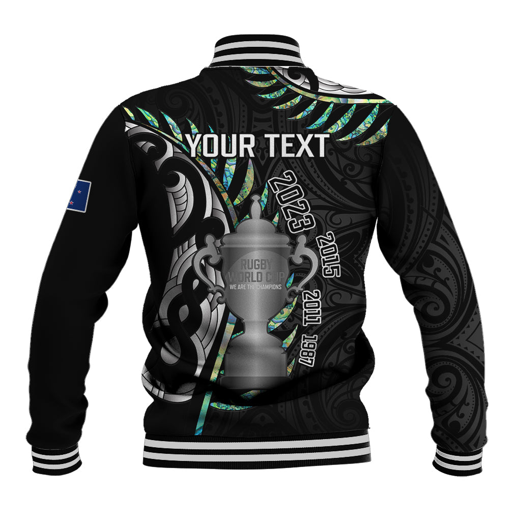 Personalised New Zealand Silver Fern Rugby Baseball Jacket Paua Shell With Champions Trophy History NZ Forever - Wonder Print Shop