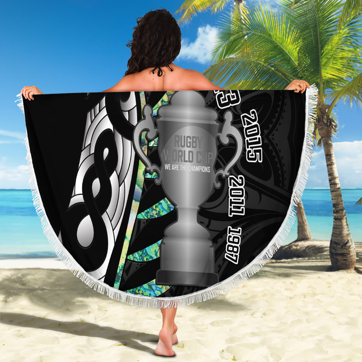 Personalised New Zealand Silver Fern Rugby Beach Blanket Paua Shell With Champions Trophy History NZ Forever - Wonder Print Shop