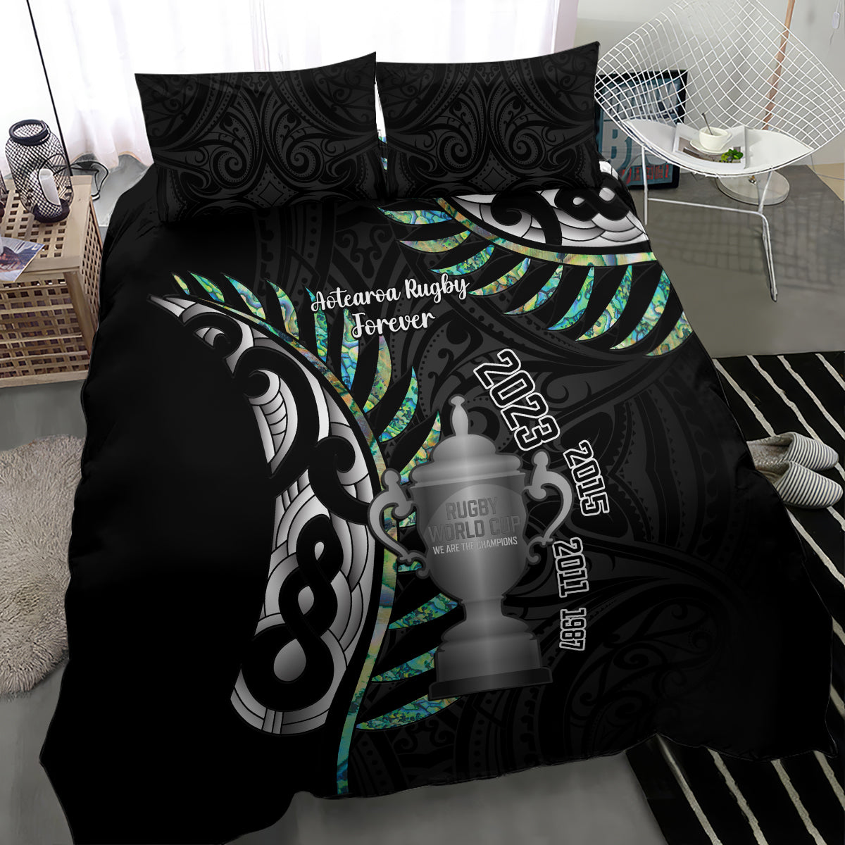 Personalised New Zealand Silver Fern Rugby Bedding Set Paua Shell With Champions Trophy History NZ Forever - Wonder Print Shop