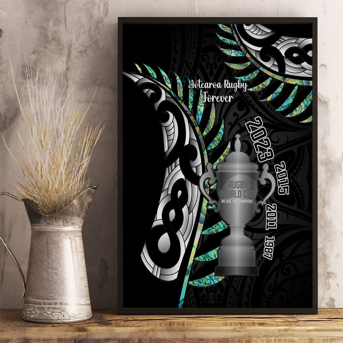 Personalised New Zealand Silver Fern Rugby Canvas Wall Art Paua Shell With Champions Trophy History NZ Forever - Wonder Print Shop
