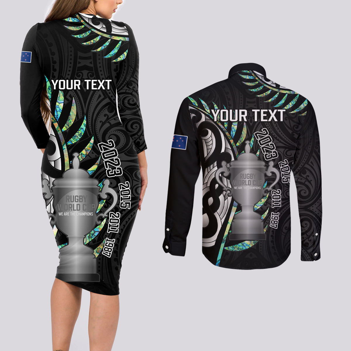 Personalised New Zealand Silver Fern Rugby Couples Matching Long Sleeve Bodycon Dress and Long Sleeve Button Shirt Paua Shell With Champions Trophy History NZ Forever - Wonder Print Shop