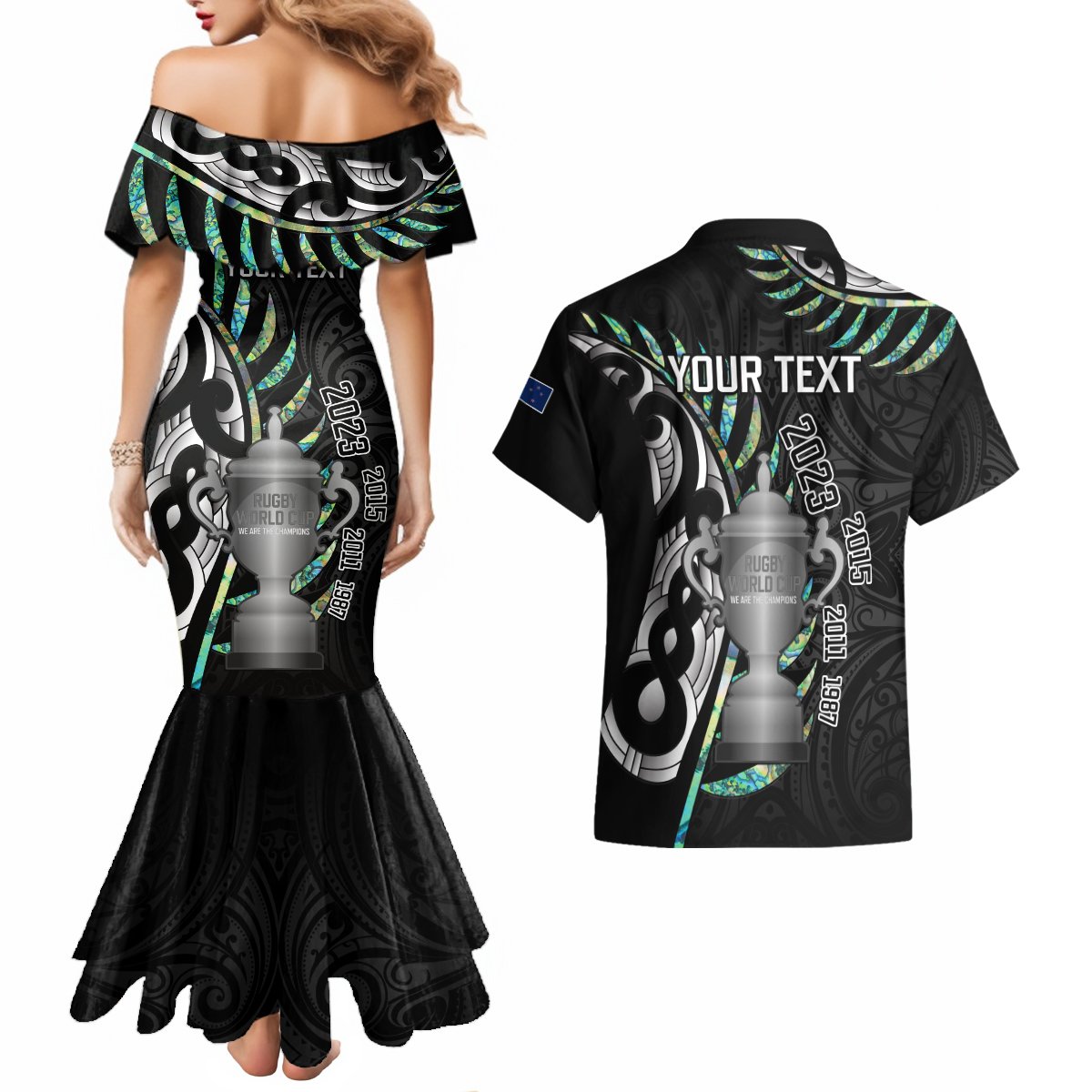 Personalised New Zealand Silver Fern Rugby Couples Matching Mermaid Dress and Hawaiian Shirt Paua Shell With Champions Trophy History NZ Forever - Wonder Print Shop