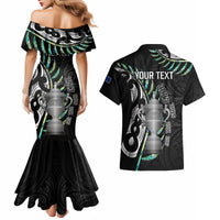 Personalised New Zealand Silver Fern Rugby Couples Matching Mermaid Dress and Hawaiian Shirt Paua Shell With Champions Trophy History NZ Forever - Wonder Print Shop