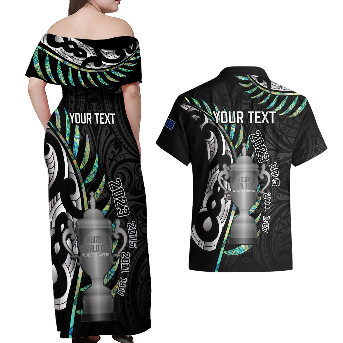 Personalised New Zealand Silver Fern Rugby Couples Matching Off Shoulder Maxi Dress and Hawaiian Shirt Paua Shell With Champions Trophy History NZ Forever - Wonder Print Shop