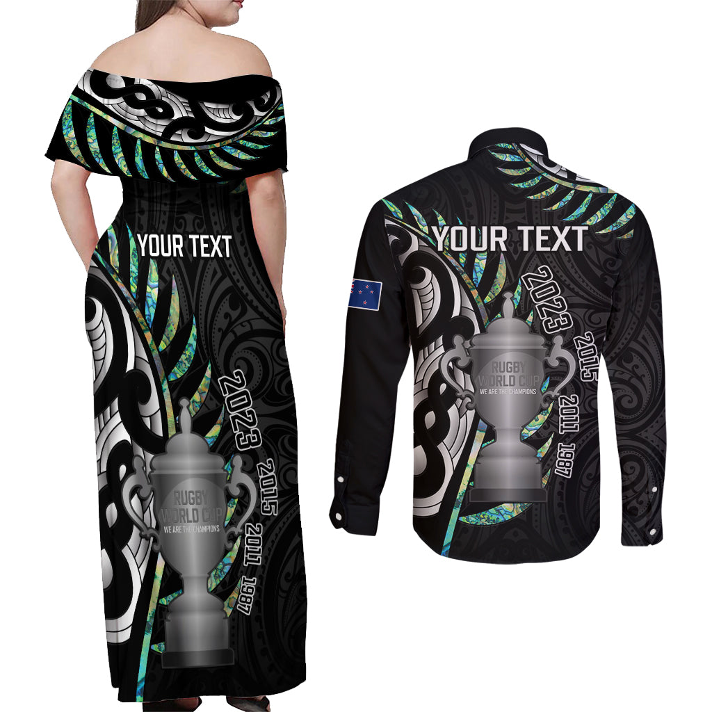 Personalised New Zealand Silver Fern Rugby Couples Matching Off Shoulder Maxi Dress and Long Sleeve Button Shirt Paua Shell With Champions Trophy History NZ Forever - Wonder Print Shop